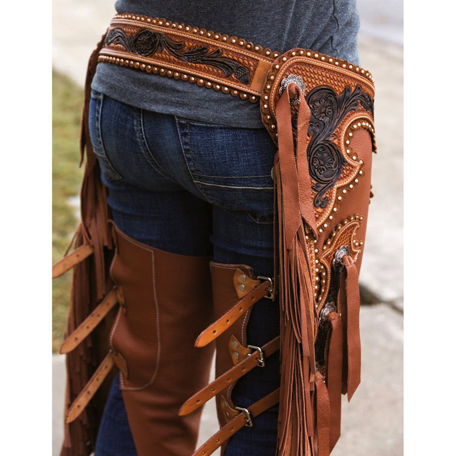 Chaps western pour hommes en cuir marron faits main à franges - France