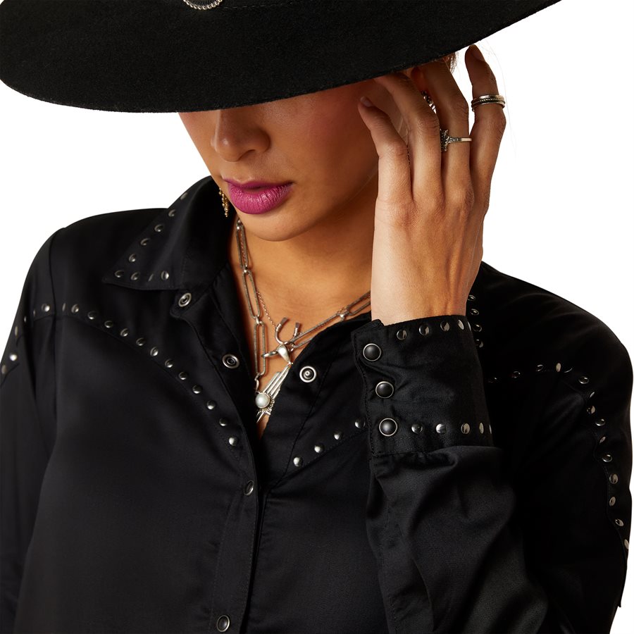 Chemise Western Femme Roper Noire Maille Unie à Volants - Manches Longues Taille M - Neuf Avec étiquette