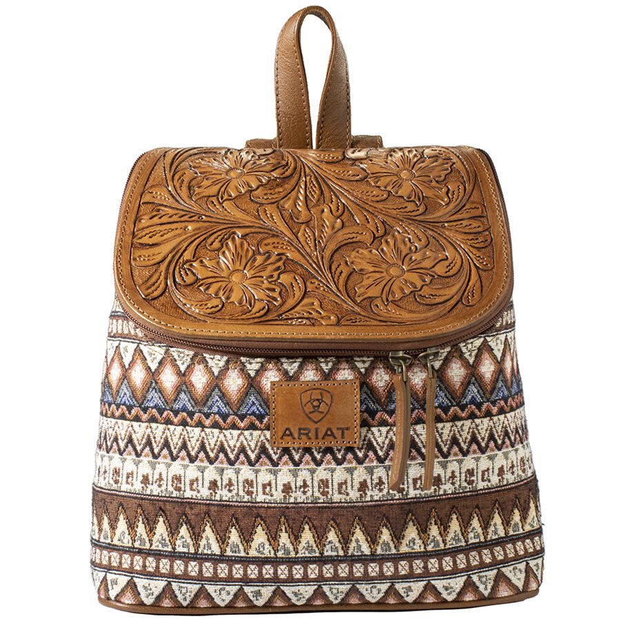 Ariat Brown Tooled Leather & Aztec Print Backpack Ariat Women main image 3
